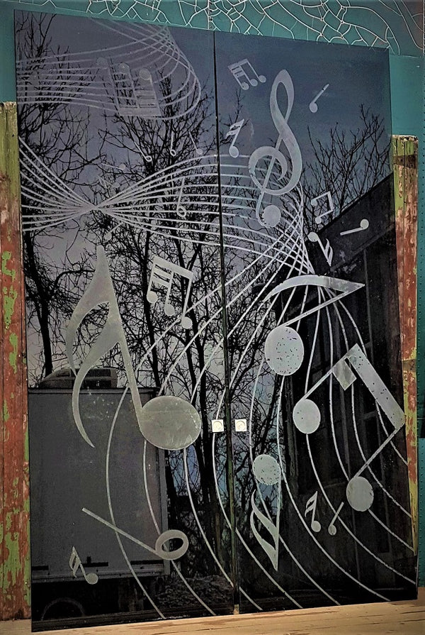 Etched Music Themed Glass Pocket Doors from Four Seasons Hotel, Toronto