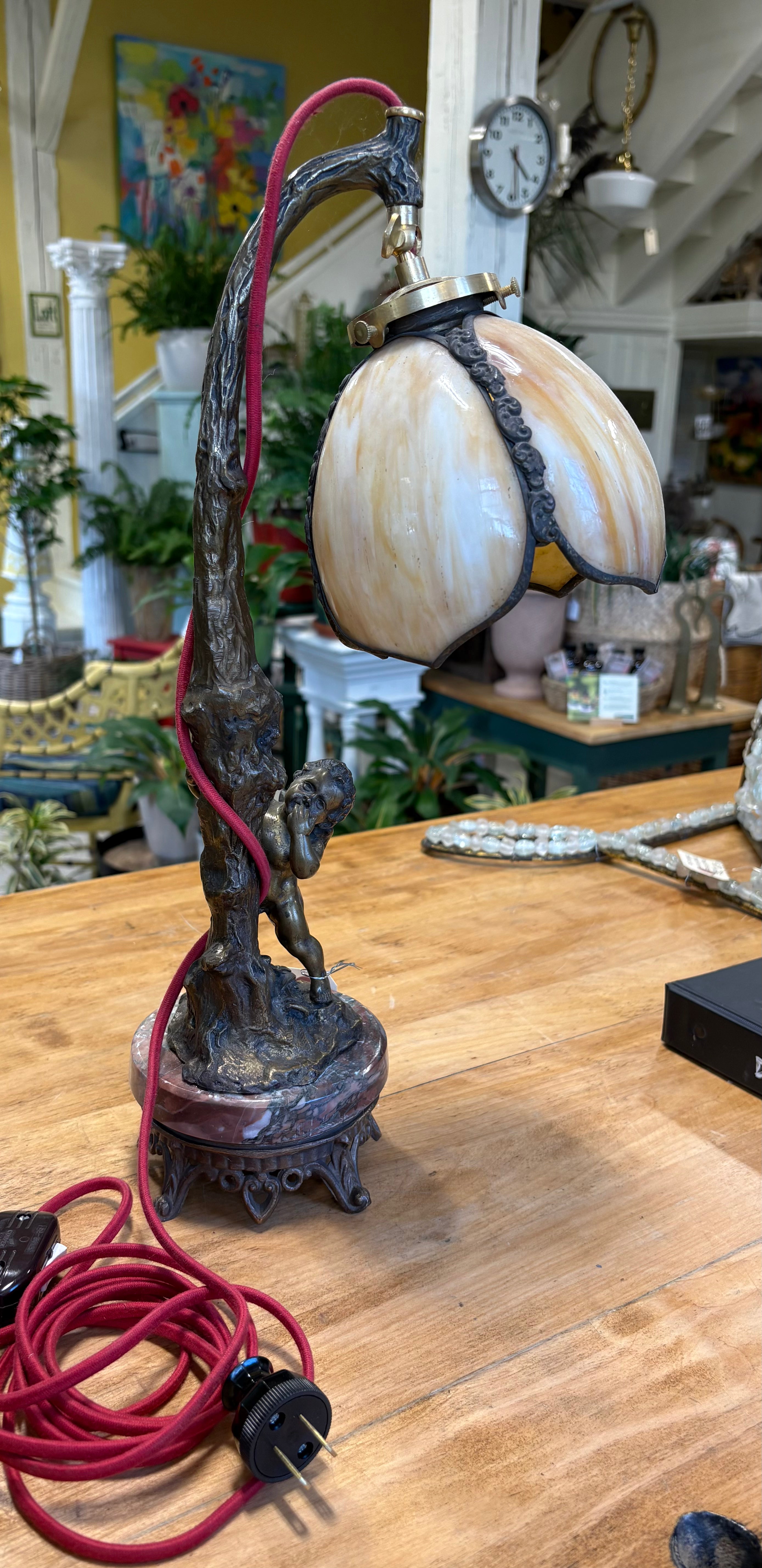 Bronze Cherub Table Lamp with Art Glass Shade