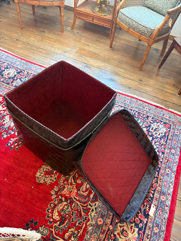 Black bamboo weave lidded basket