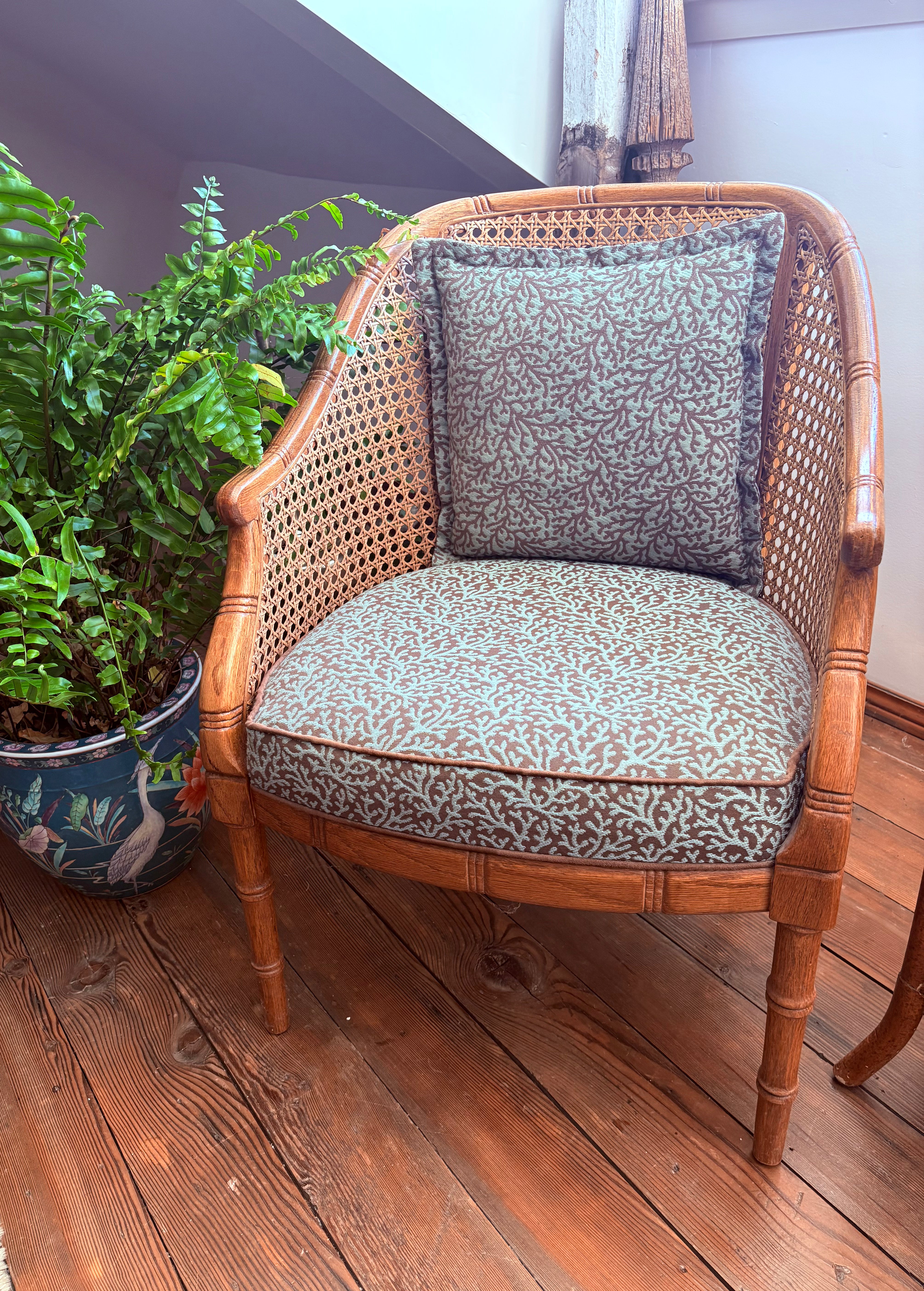 Set of barrel back faux bamboo chairs and matching table