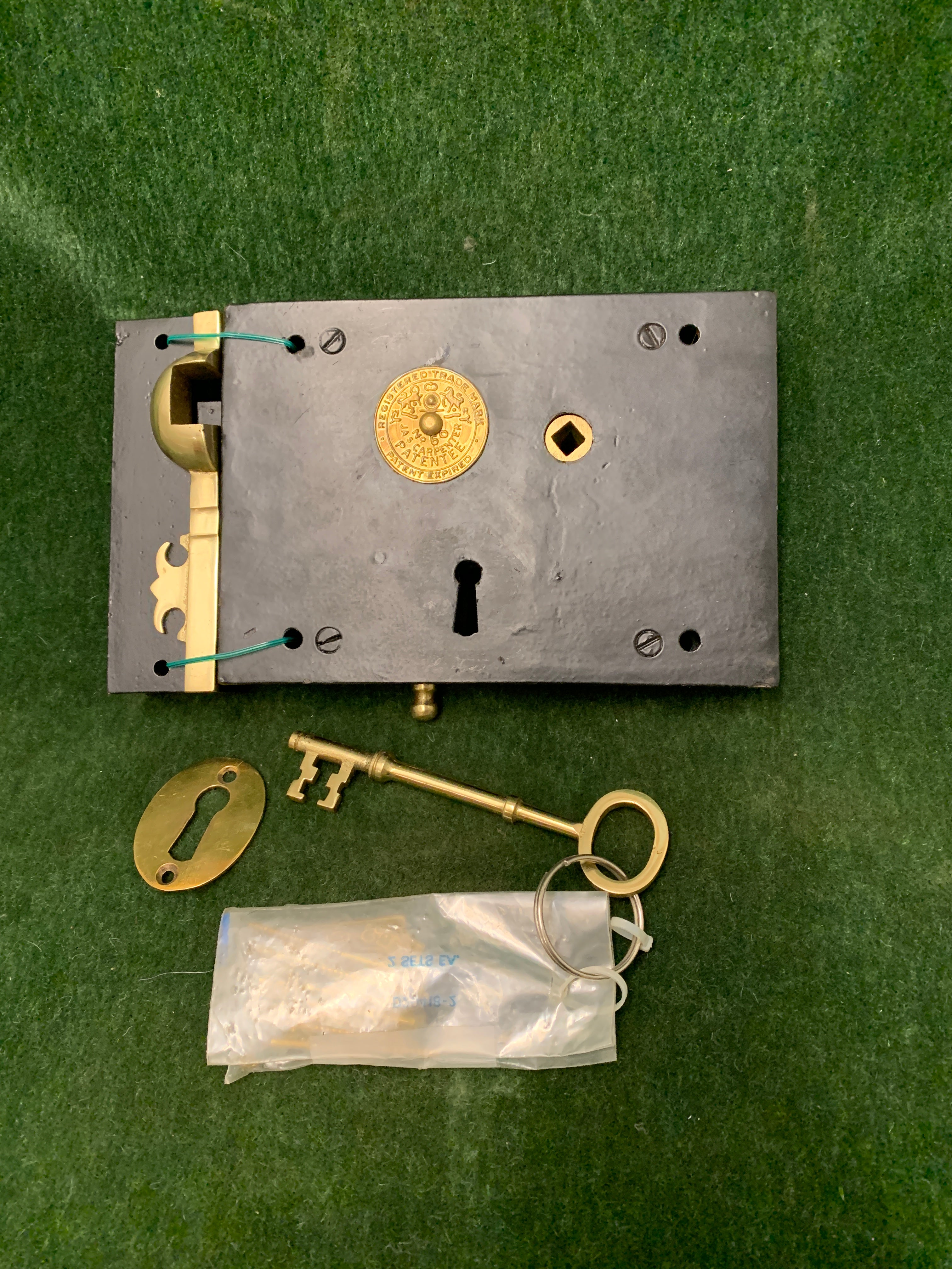 Recently-made copy of an 1820 patented Carpenter Lock 7"x 5" for left hand door.