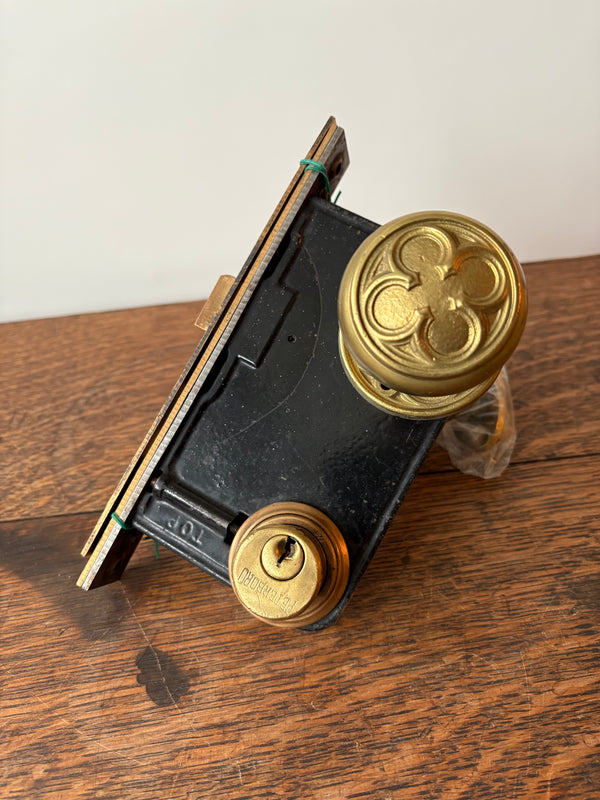 Quatre-foile patterned Gothic Brass Entry Set- Yale Canada- Early 1900s (1840-1940)