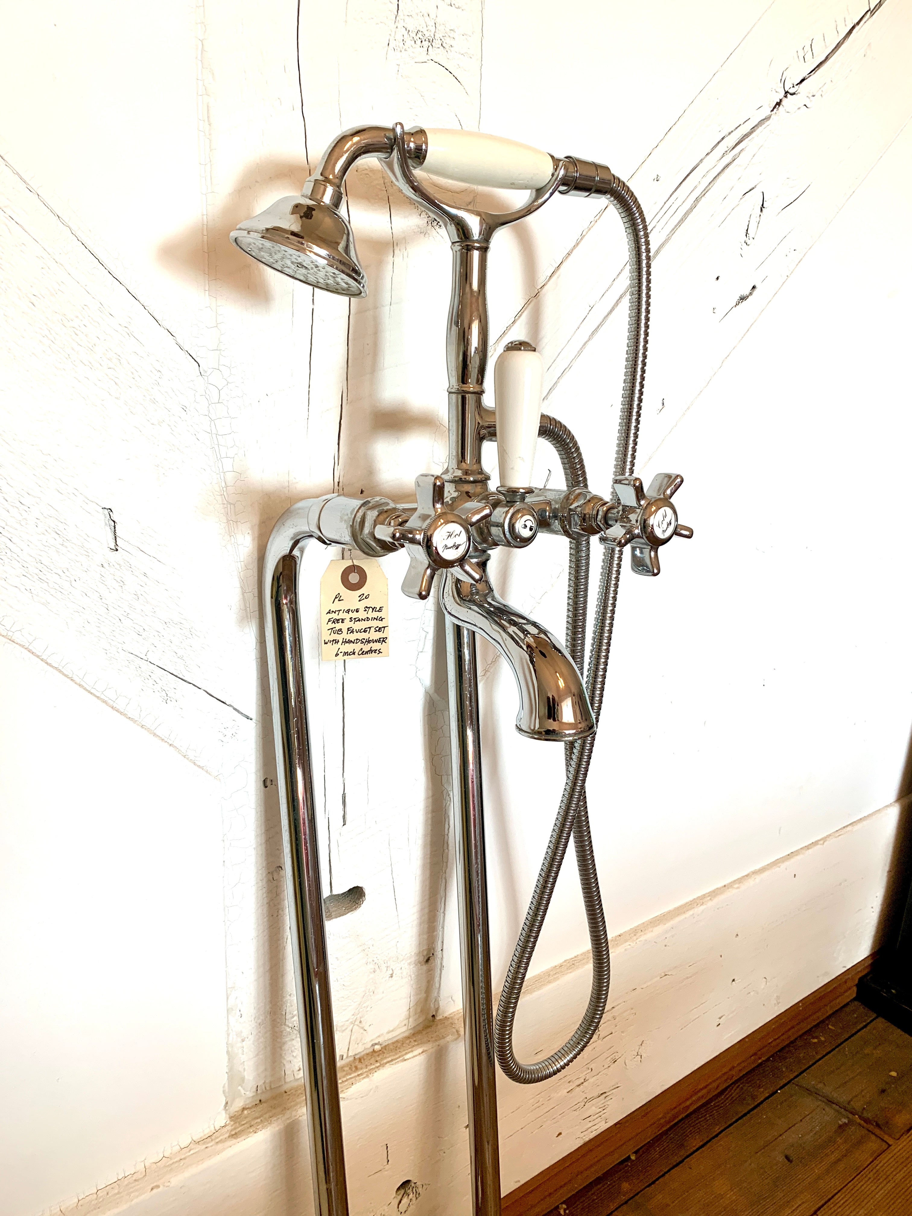 Nicolazzi floor-mount clawfoot tub tap set with hand shower- Modern ceramic technology, vintage style.