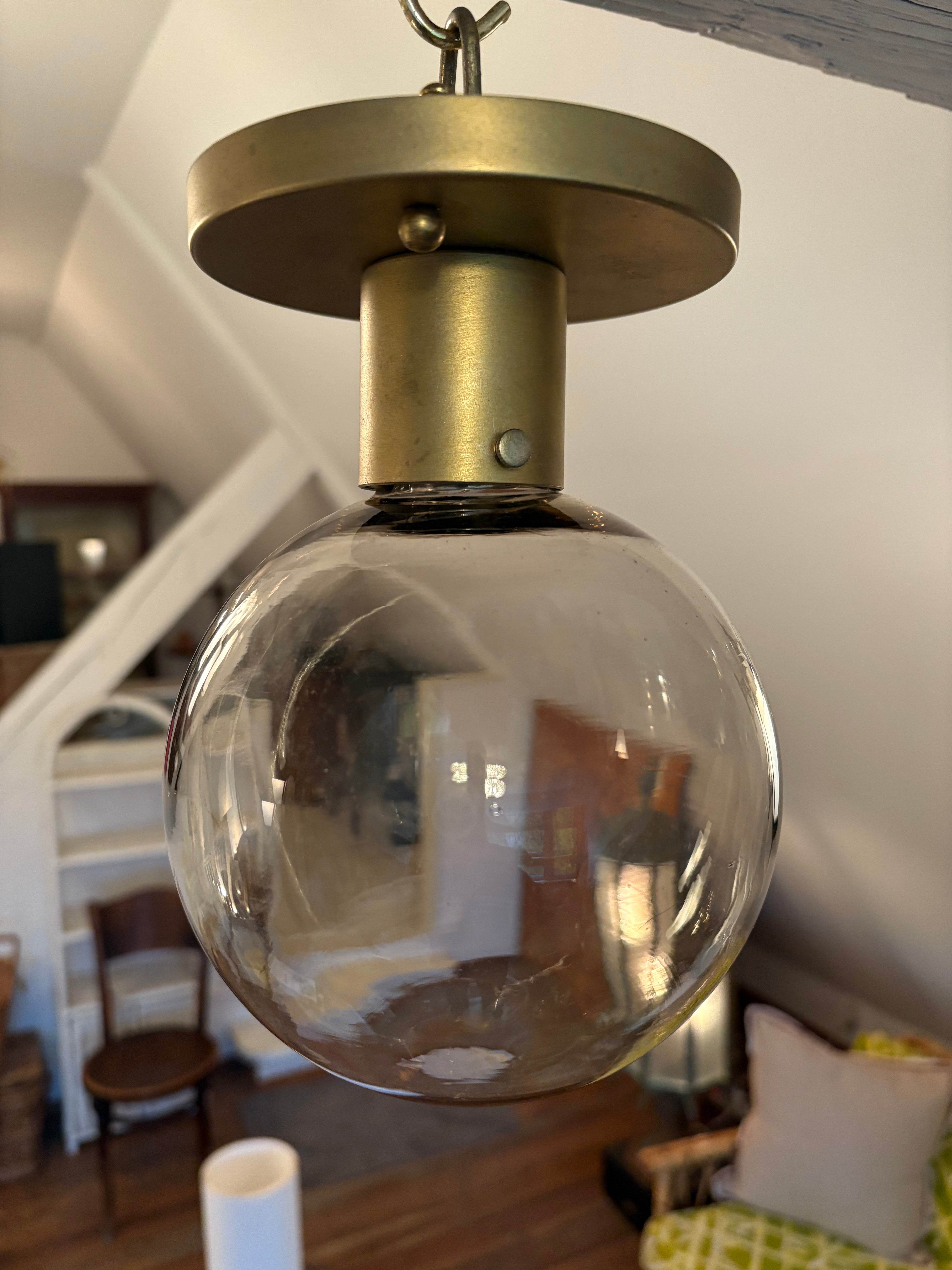 Original MCM brass and glass semi-flush ceiling light