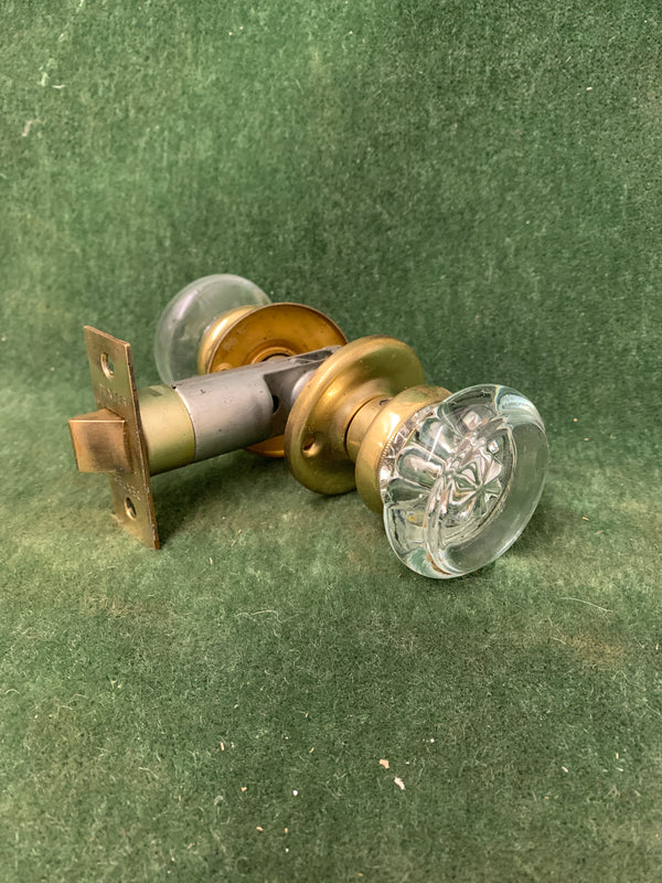 Pressed Glass Knob Set with Brass Rosettes and Contempoary Tube Latch ca. mid-1800s (1840-1940)