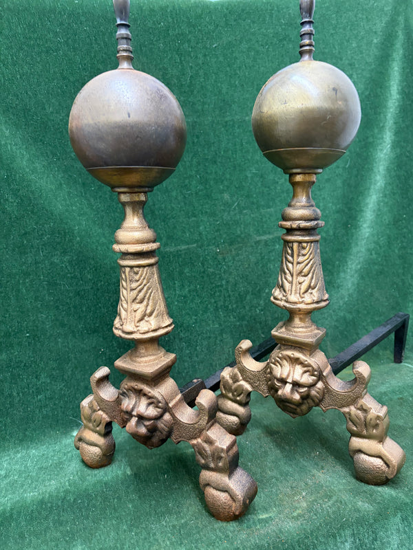 Cannonball Fireplace Andirons  - Lion Theme