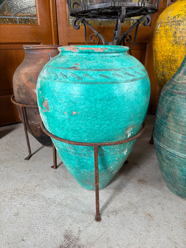 Verdigris olive pot with natural terracotta patina