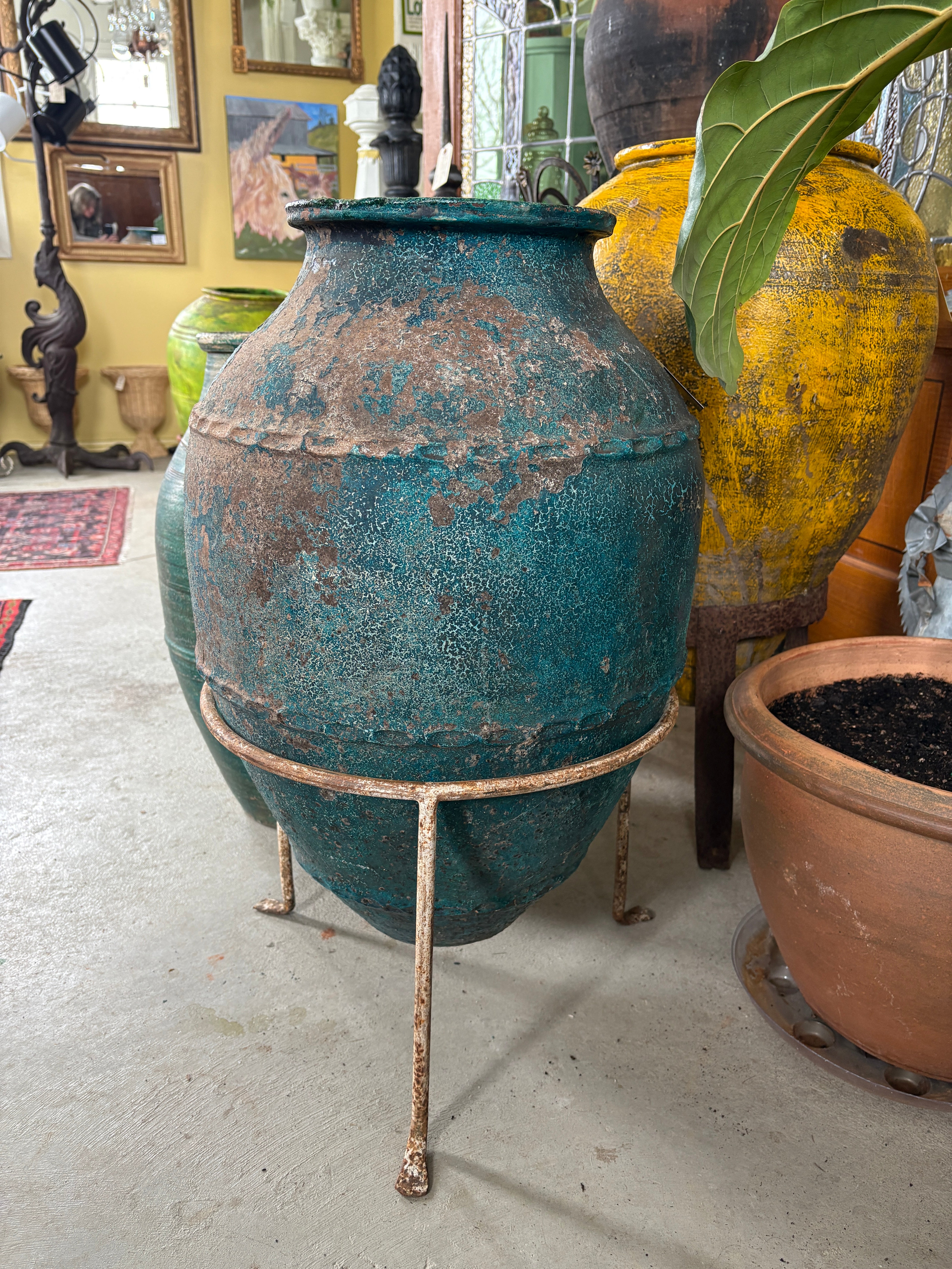 Large Verdigris Olive Pot with stand