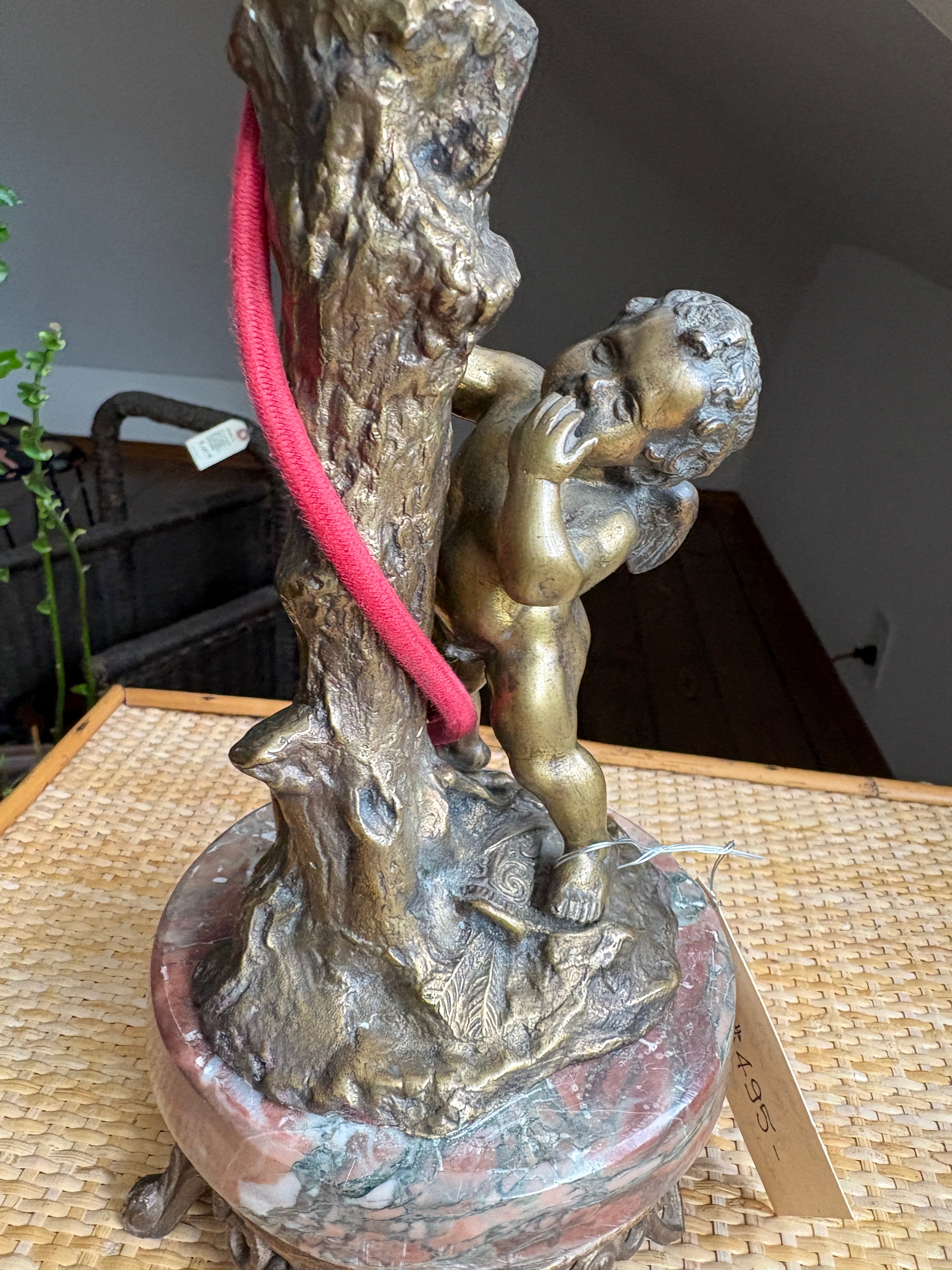 Bronze Cherub Table Lamp with Art Glass Shade
