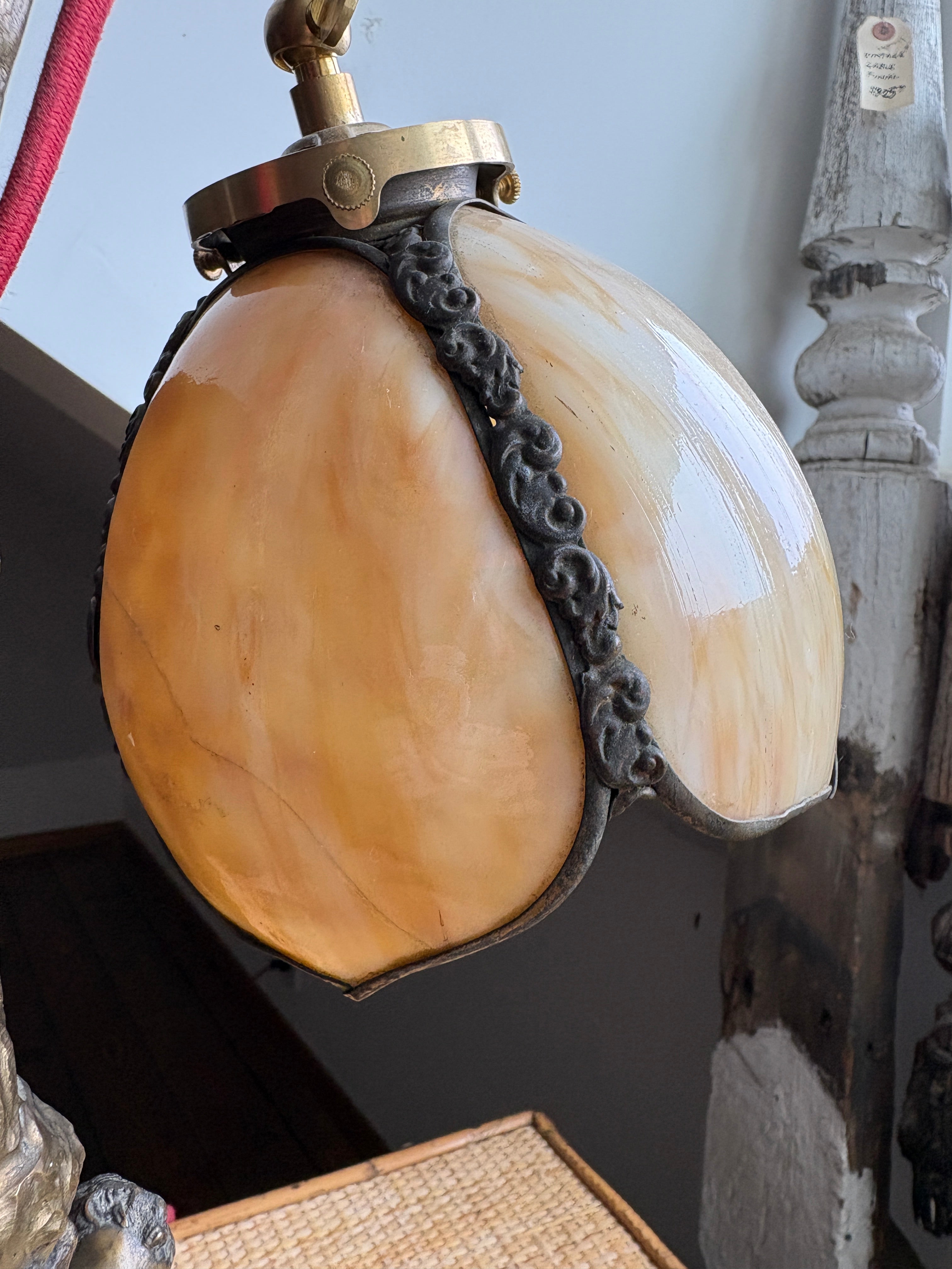 Bronze Cherub Table Lamp with Art Glass Shade