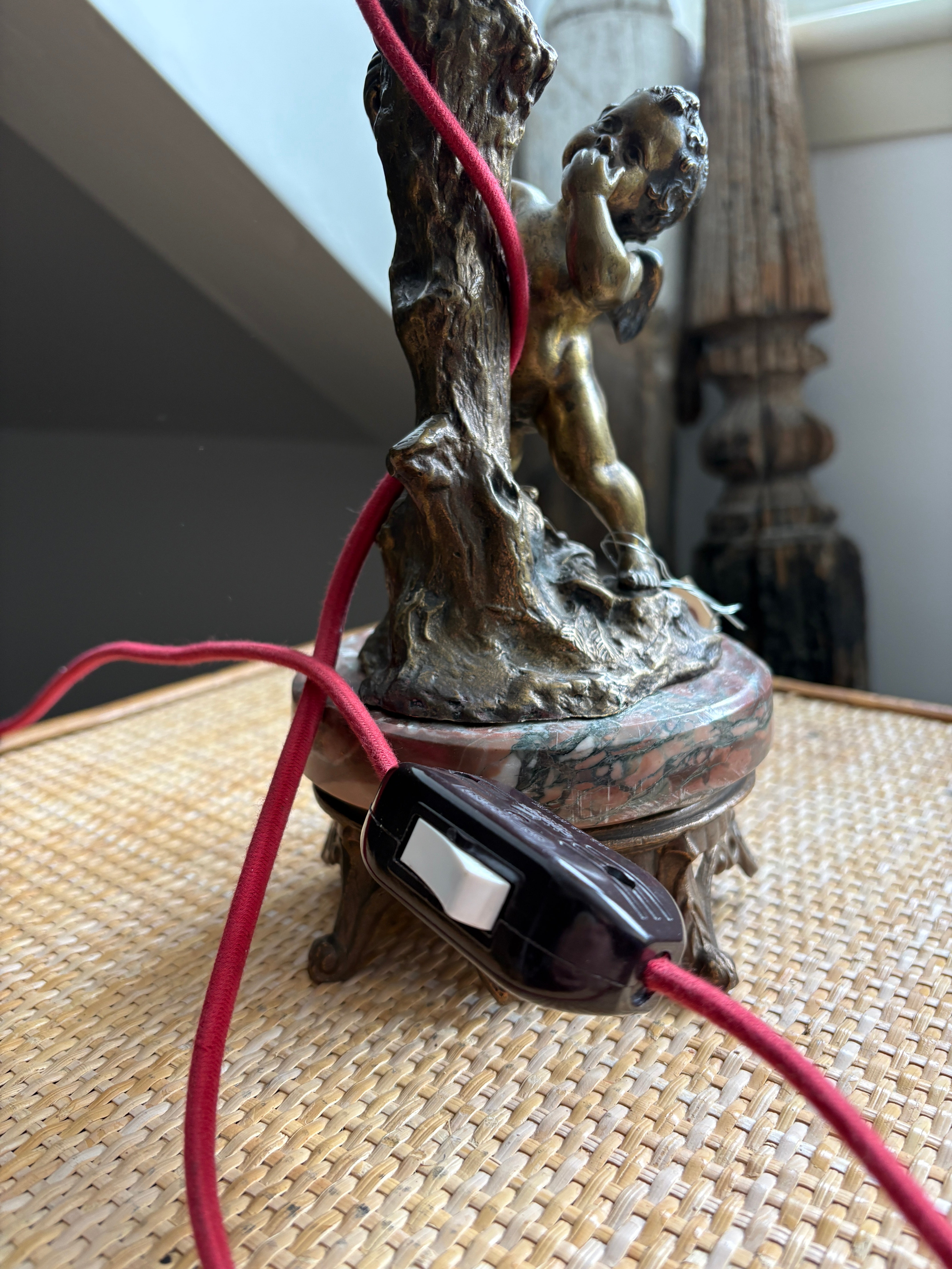 Bronze Cherub Table Lamp with Art Glass Shade