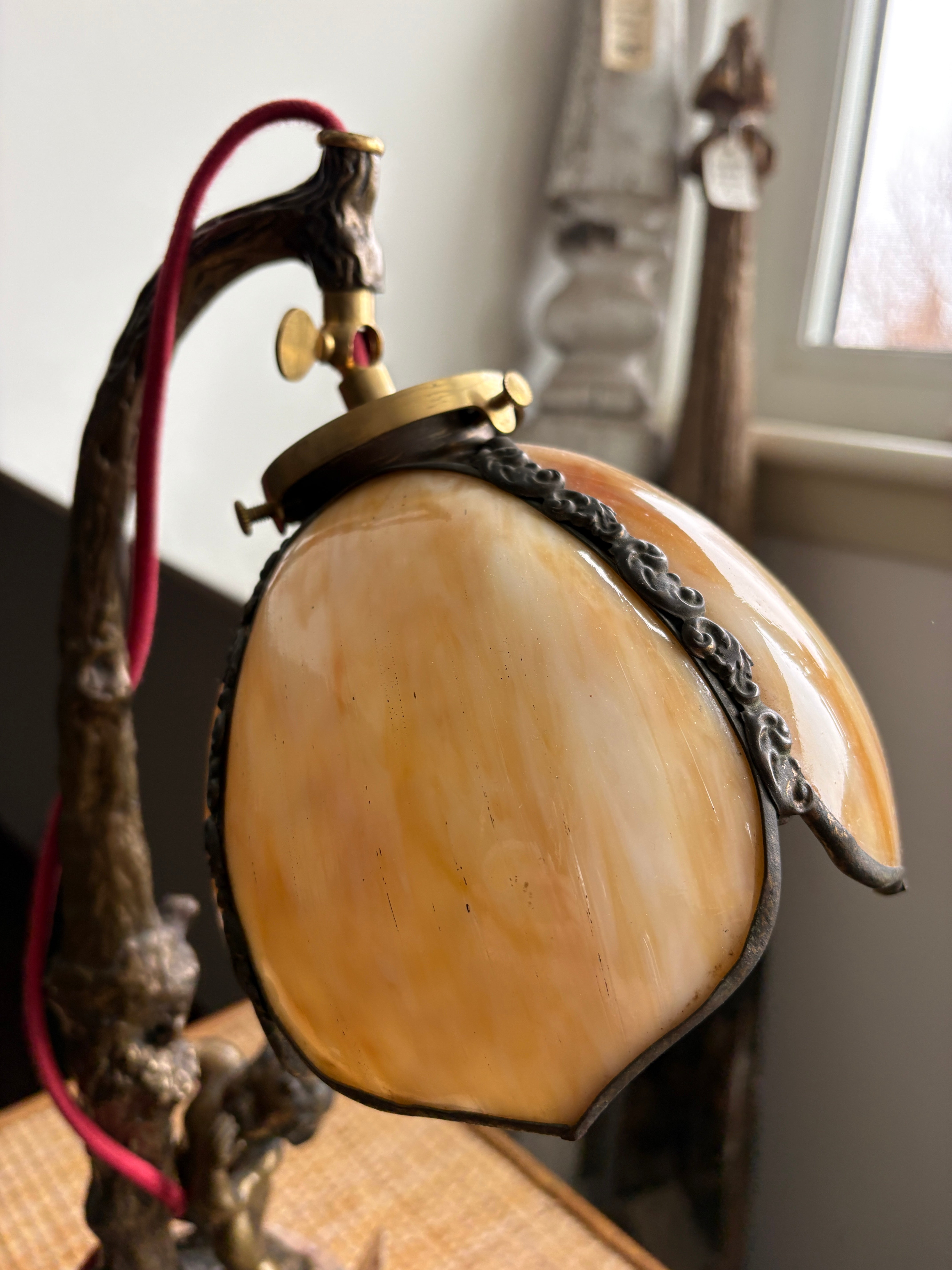 Bronze Cherub Table Lamp with Art Glass Shade