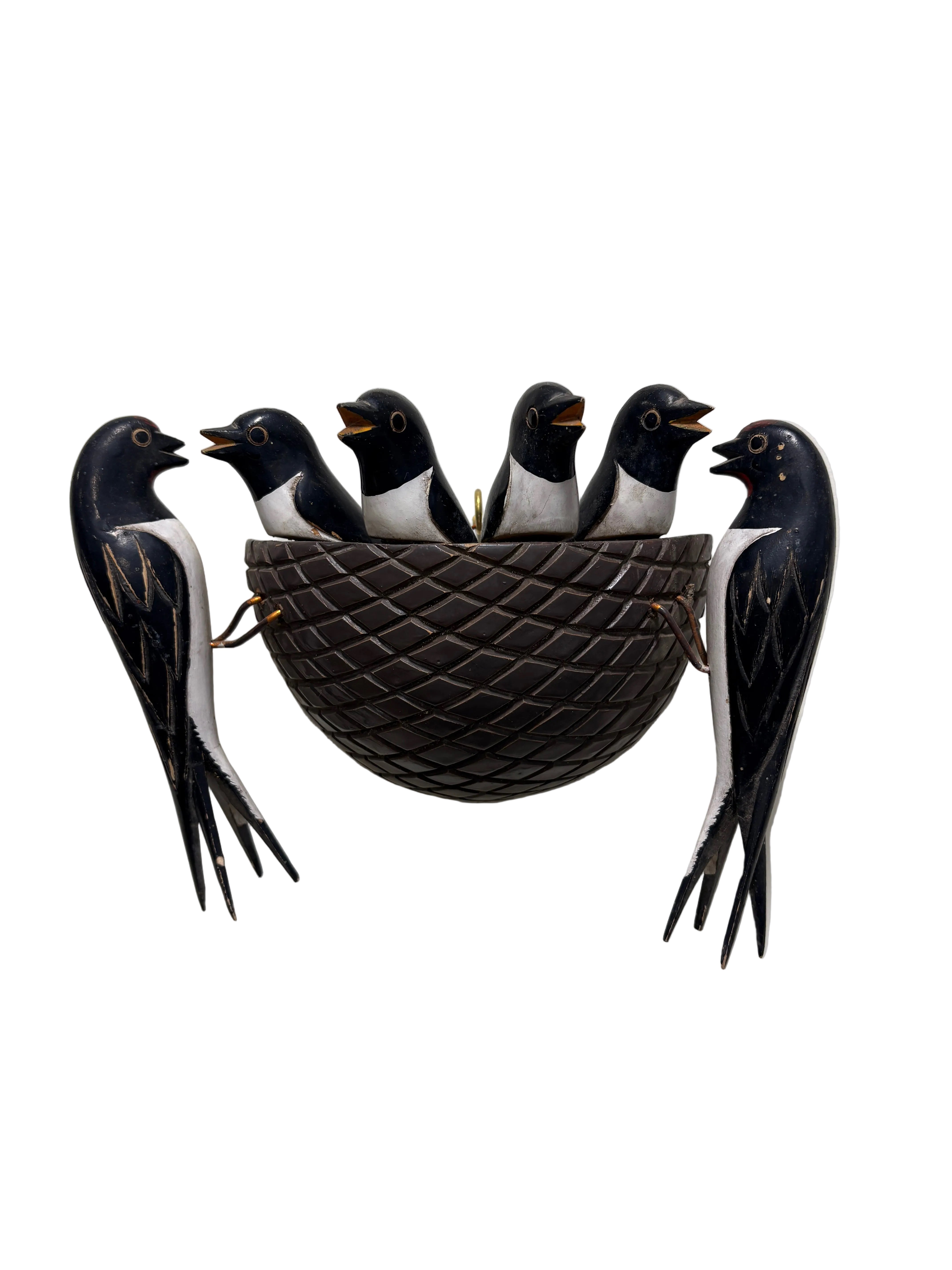 Hand Carved Wooden Sculpture of Baby Birds in Nest