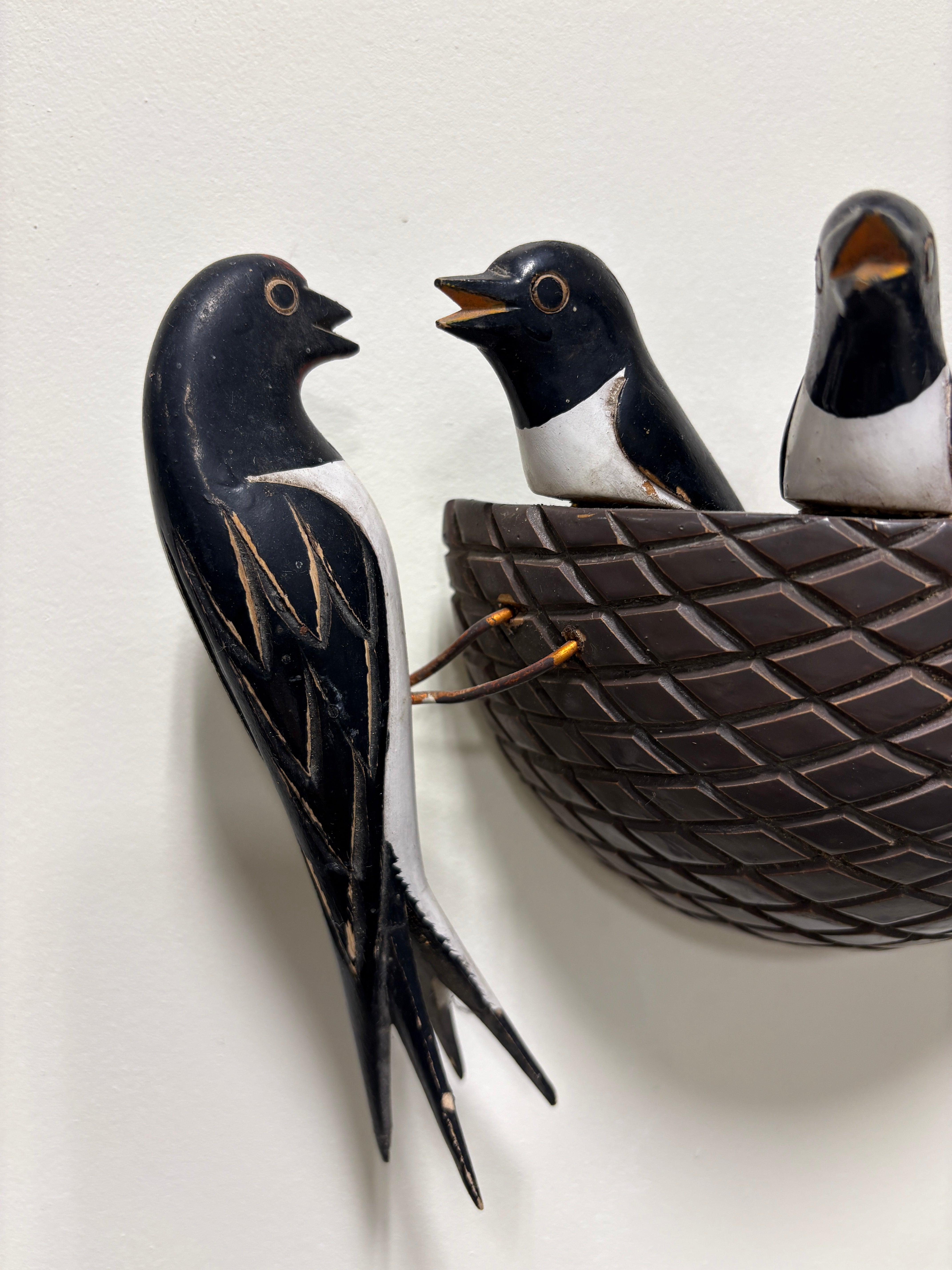 Hand Carved Wooden Sculpture of Baby Birds in Nest