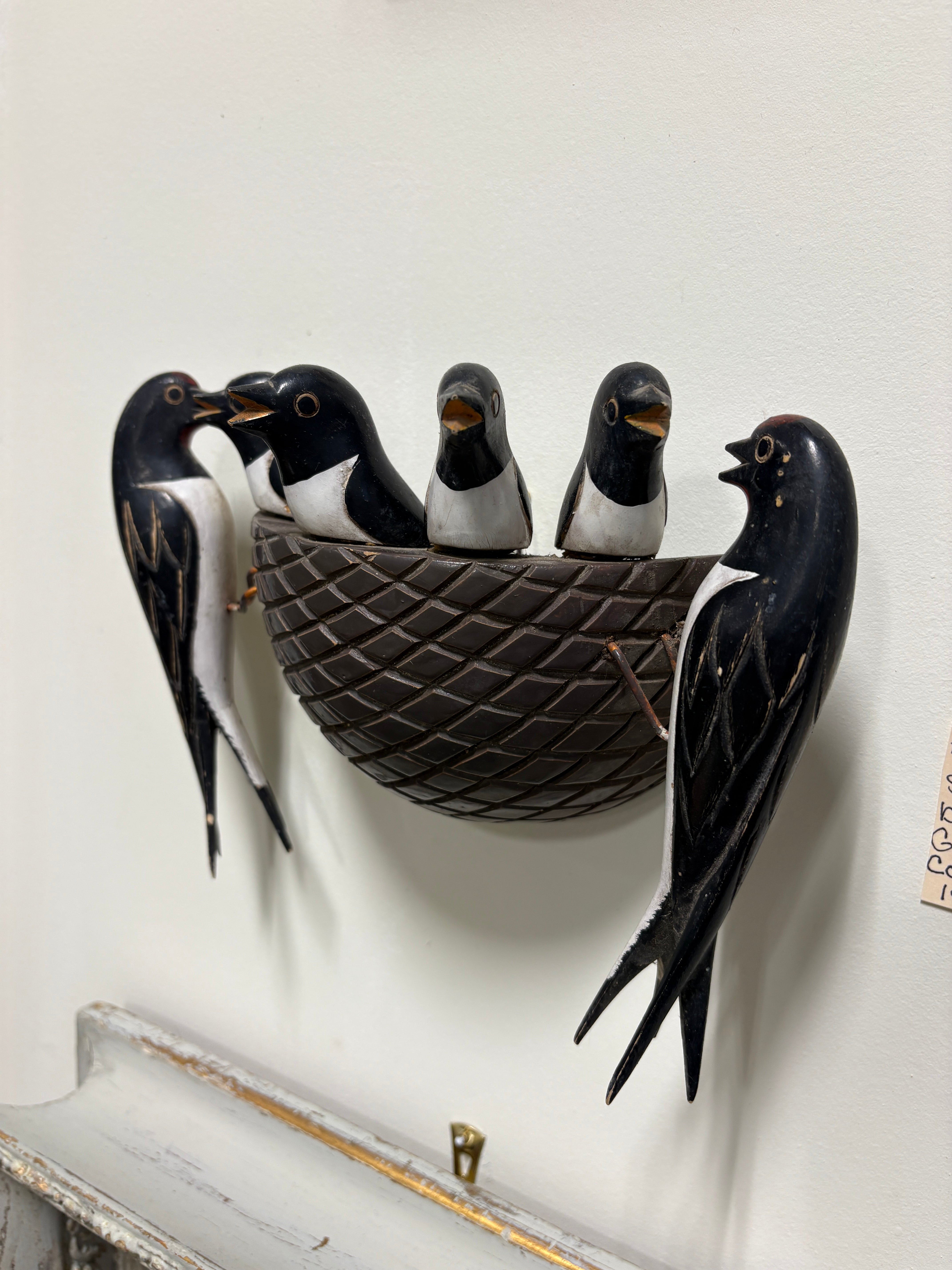 Hand Carved Wooden Sculpture of Baby Birds in Nest