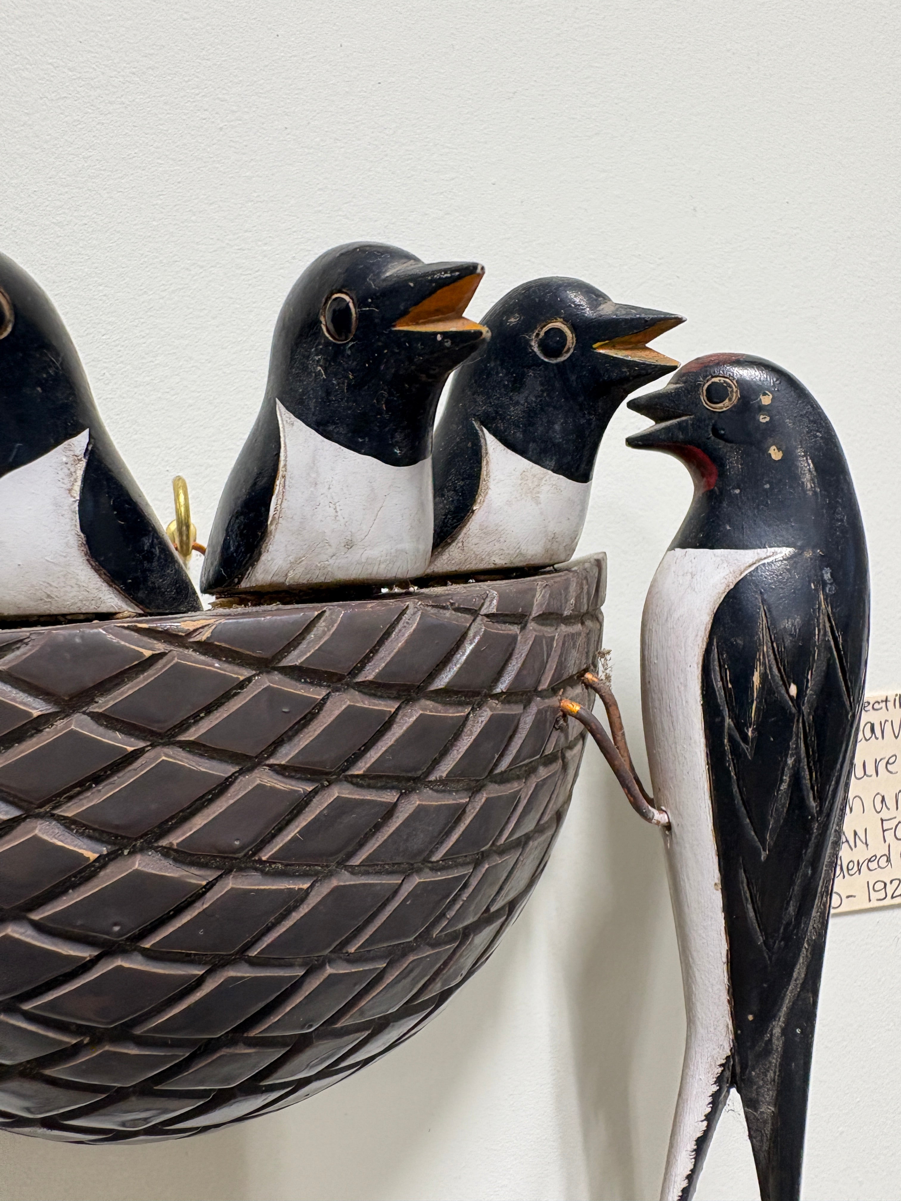 Hand Carved Wooden Sculpture of Baby Birds in Nest