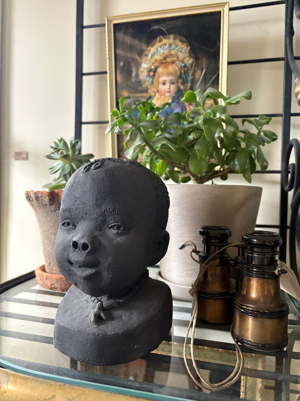 Vintage Clay Bust of African Child - Signed