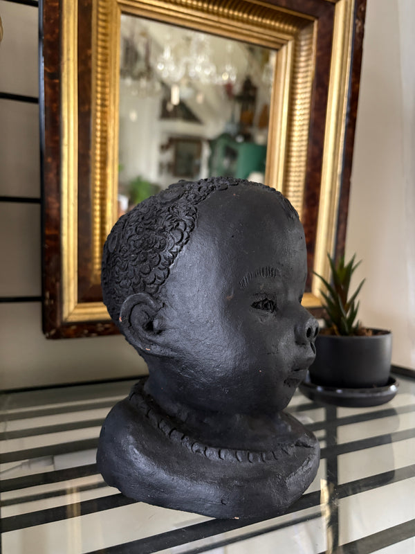 Vintage Clay Bust of African Child - Signed
