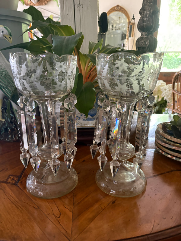 Pair of Bohemian Czech Etched Glass Lustres