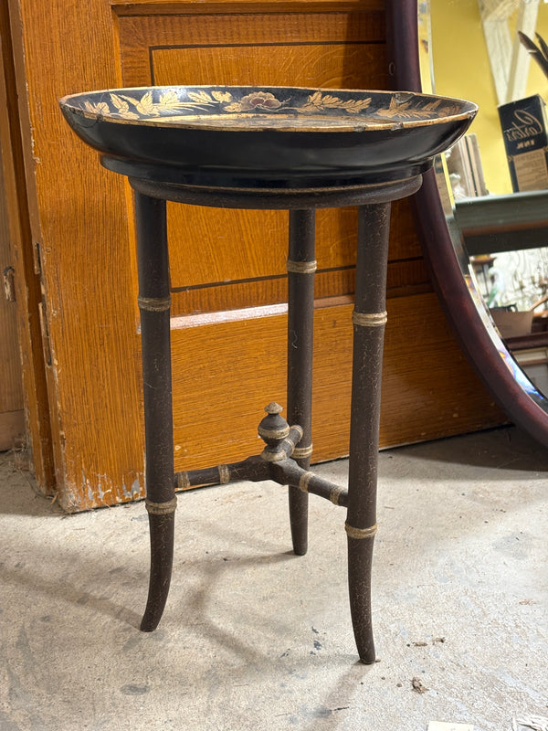 Antique 19th-century Chinoiserie Papier-Mache Tray Table on Faux-Bamboo Stand