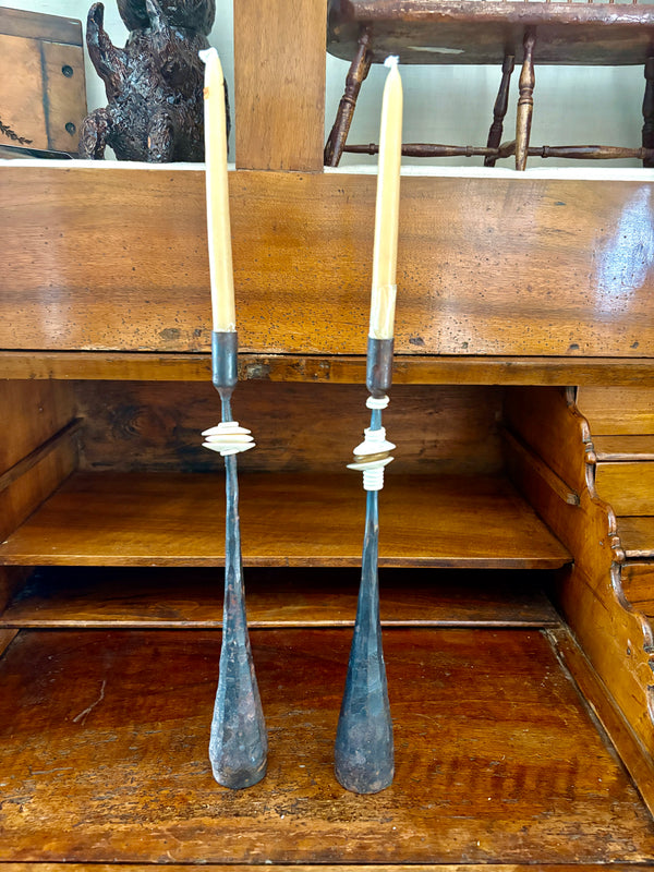 Pair of Rustic Forged Iron Candlesticks