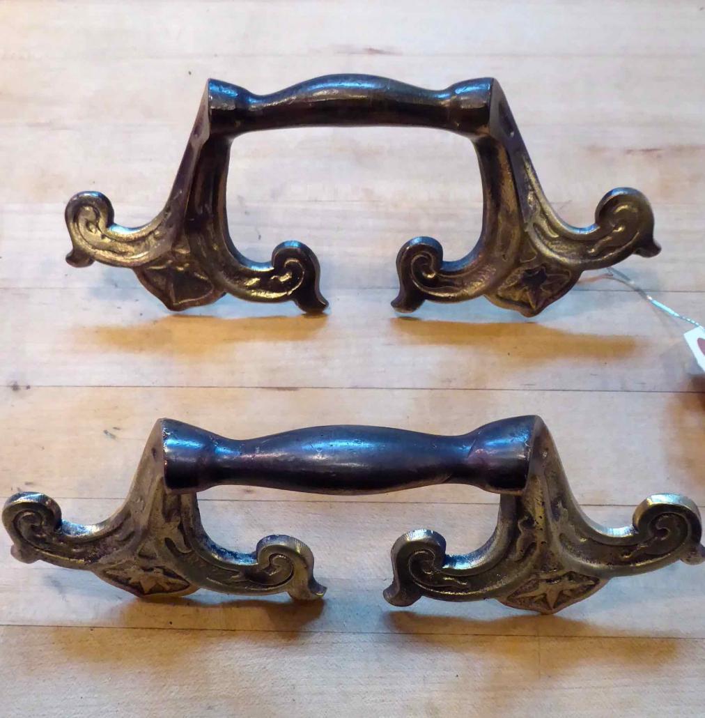 Pair of solid brass casket handles, originally from Santa Fe, New Mexico. 