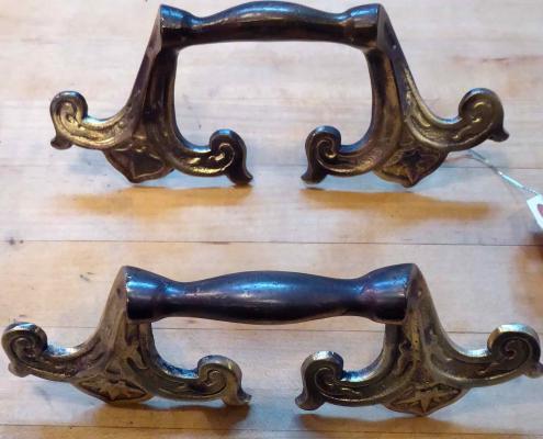 Pair of solid brass casket handles, originally from Santa Fe, New Mexico. 