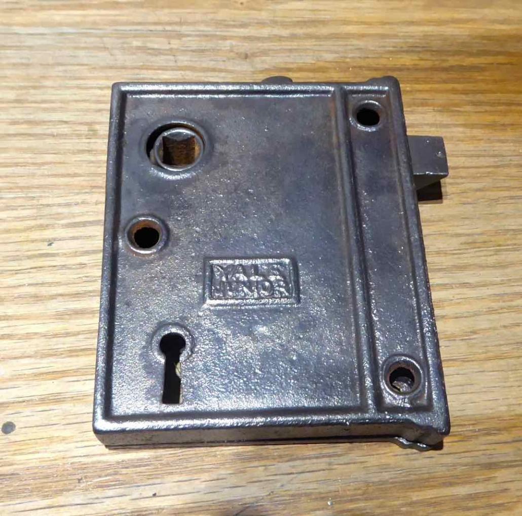Antique cast iron rim locks, manufactured and signed on both sides with Yale Junior makers mark. Features: reversible, can be keyed, optional privacy latch.