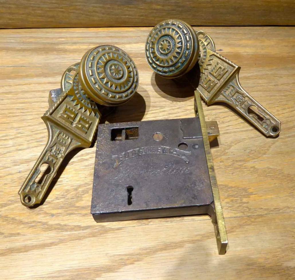 architectural salvage Vintage door handles glass effect and brass backplates 
