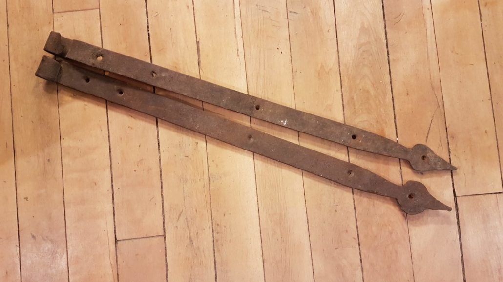 Two Original antique iron strap door hinges