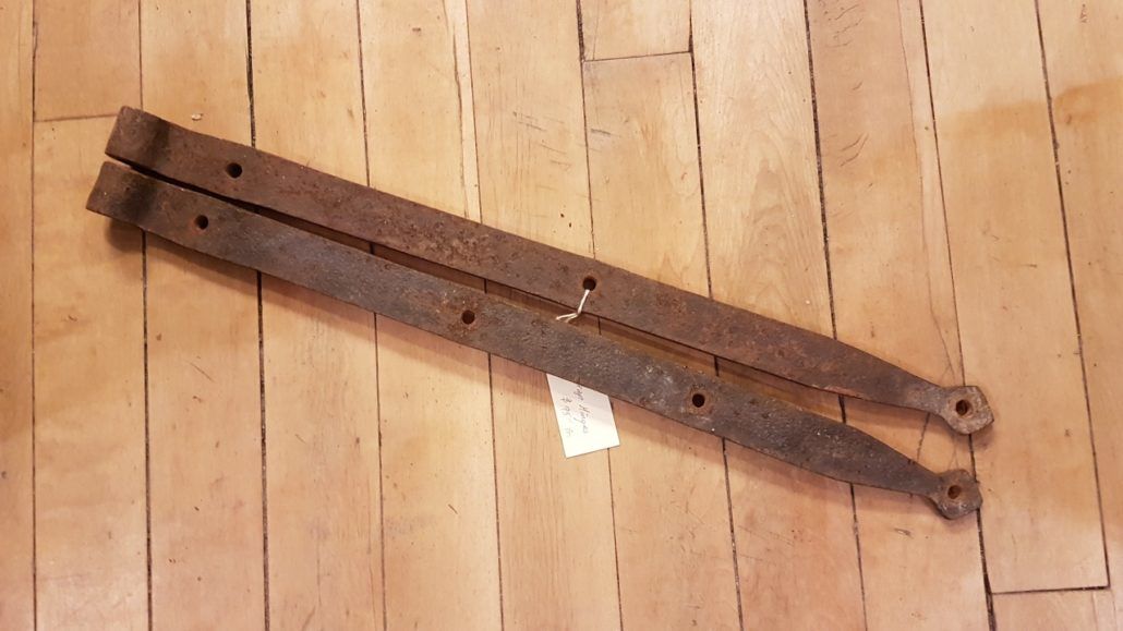 Large antique iron strap door hinges