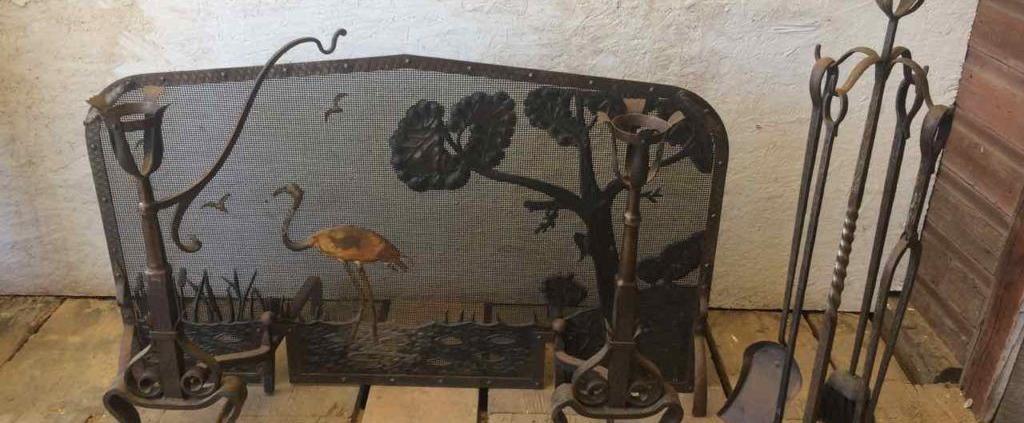 Complete set of antique arts & crafts fireplace accessories - includes screen, andirons, crane, tools and candle holders