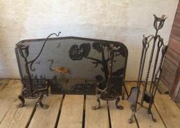 Complete set of antique arts & crafts fireplace accessories - includes screen, andirons, crane, tools and candle holders