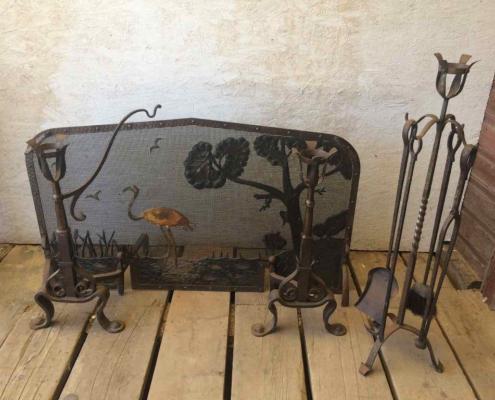 Complete set of antique arts & crafts fireplace accessories - includes screen, andirons, crane, tools and candle holders