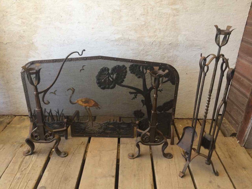 Complete set of antique arts & crafts fireplace accessories - includes screen, andirons, crane, tools and candle holders